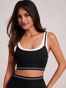 VUTRU 2-In-1 Contrast Color Sports Bra With Pads, Fitness Yoga Tank Top - Black and White - View 6
