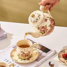 Exquisite European-Style Drinkware Set, Includes Large Teapot, Coffee Pot, Coffee Cups & Saucers, Tea Cups, Multiple Capacity Options, Porcelain Material With Gold Trim Design, Suitable For Family Gatherings, Halloween, Thanksgiving, Christmas, Father's Day, Mother's Day, Valentine's Day Gifts - Multicolor - View 6