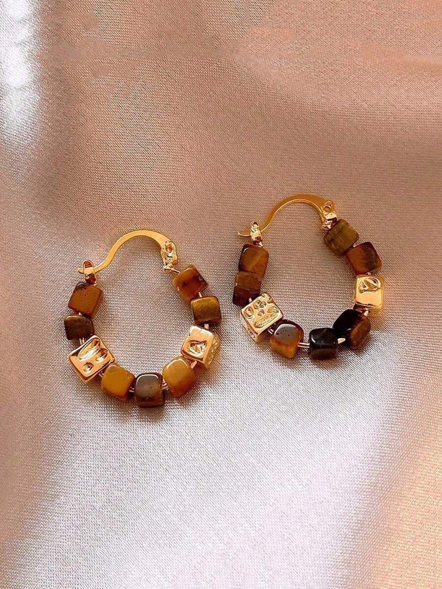 1 par de pendientes de cobre con estilo vintage y piedra de ojo de tigre natural para mujeres - Estilo 2 - Ver 1
