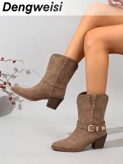 Brown Denim Boots With Strap Buckle, Punk Style Slip-On Boots, Chunky Heel Square Toe, Comfortable Versatile For Office, Commute, Daily, Vacation, Streetwear Low Ankle Boots