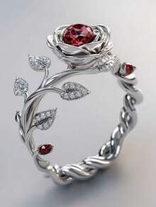 1枚流行女士时尚奢华优雅花卉戒指，婚礼订婚派对珠宝礼物 - 銀色 - 查看 6