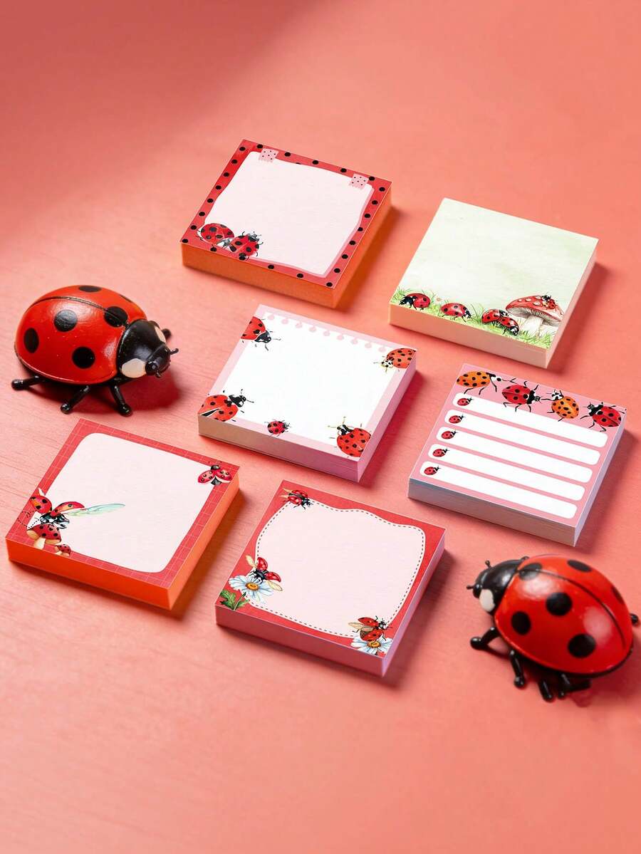 12pcs Red Seven Star Ladybug Self-Adhesive Sticky Notes Notepad For Party Supplies - one-size - View 1