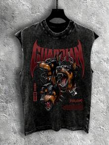 2026 New Summer Men's Sleeveless T-Shirt 230g Washed, Guardian's Wild Power Pattern-Printed Vest, Men's Washed Vintage Tank Top, Washed Cotton Fabric, Outdoor Sports And Fitness Apparel, Popular Streetwear Recommendation, Loose Washed Tank Top For Men - 黑色 - 查看 7