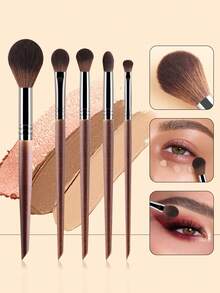 5pcs Reddish Brown Handle Makeup Brushes Set - Large Powder Brush + Eyeshadow Brush + Eyebrow Brush + Detail Brush, Full Eye Makeup Tools - Redwood - View 1