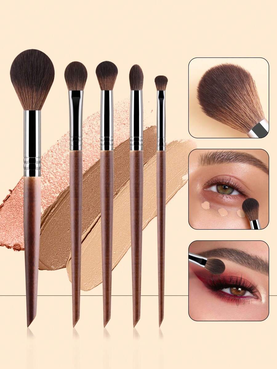 5pcs Reddish Brown Handle Makeup Brushes Set - Large Powder Brush + Eyeshadow Brush + Eyebrow Brush + Detail Brush, Full Eye Makeup Tools - Redwood - View 1