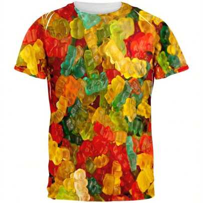 Candy Gummy Bears Men'S Stylish Round Neck Graphic Tee, 3D Print Comfort Fit For Summer Daily Wear Casual Summer Streetwear Boyfriend Gift Men's Basic T-Shirt With 3D Logo Design, Comfortable Fit, Easy To Pair And Long-Lasting.