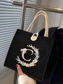 1个简约字母印花帆布手提袋，多功能便携教师手提包，女士礼物，毕业礼物，字母图案礼品袋，大容量印花女士手提包，可重复使用购物袋，适合日常使用、度假、通勤、旅行 - 彩色 - 查看 4