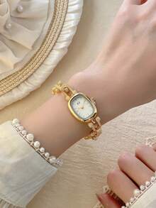 1pc Women's Oval Silver-Black Square Gold-Tone Dial Quartz Casual Watch, Suitable For Daily Wear - White - View 3