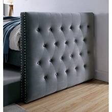 Cama nido de estilo transicional con acabado gris, con ribete de tachuelas, tapizado acolchado con botones capitoneados, diseño de esmoquin, incluye kit de listones - Gris + Franela + Madera + Transicional1 - Ver 6