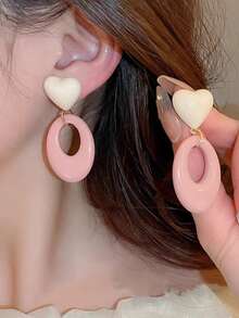 1 Pair Sweet Minimalist Pink Heart Earrings, Elegant Everyday Wear Earrings For Outing And Daily Use - Pink - View 5