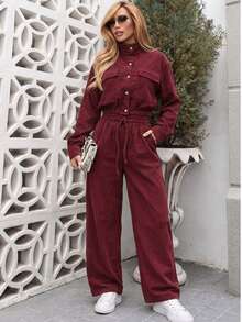 Women's Corduroy Long Sleeve Two-Piece Set, Elegant Casual Aerolook, Perfect Fit, Jacket With Buttons And Functional Pockets, Sizes M And L, Premium Quality, Various Colors Available, Autumn/Winter Season, Warm - 酒紅色 - 查看 1