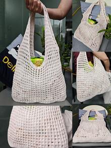 1 pieza Bolso de mano de ganchillo con contraste de color en forma de corazón, bolso de playa de gran capacidad y moda, versátil para ir y venir, regalo del Día de la Madre, adecuado para viajes a la playa en primavera, verano, otoño e invierno. Disponible en beige, albaricoque, azul, verde, caqui y otros colores, hecho de fibra de poliéster, adecuado para atuendos casuales, de playa y de trabajo, estilo bohemio, textura tejida, bolso de mano espacioso, esencial para vacaciones, también adecuado para oficina y vuelta al colegio, elemento de ganchillo, ambiente de vacaciones. - Multicolor - Ver 10