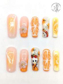 10 Pieces Of Pure Hand-Pressed Wearable Nail, 33mm Length Spring Cartoon Nail, Pink Nail, Orange Nail, Cartoon Cat Pattern, Three-Dimensional Raised White Flowers, Fruit Slice Modeling, Fruit Nail, White Line, Starlight Modeling. Cute Nail Piece. - Multicolor - View 2