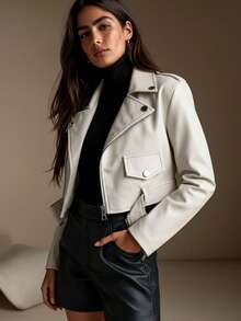 Chaqueta corta de motorista de estilo urbano para mujer Risissida, de otoño/invierno, con aspecto de cuero sintético, cierre asimétrico, cinturón ajustable en la cintura, look urbano y de moda en color blanco - Blanco - Ver 4