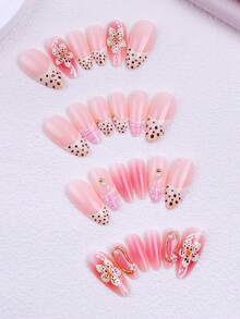 NAIO 24 piezas de uñas postizas cortas de almendra con diseño floral 3D en estilo francés, uñas acrílicas falsas de almendra en rosa y dorado con decoración de perlas, con esmalte de gel y lima de uñas, fácil de aplicar para uñas cortas de verano, adecuado para uso diario, fiestas y mujeres y niñas - Multicolor - Ver 2