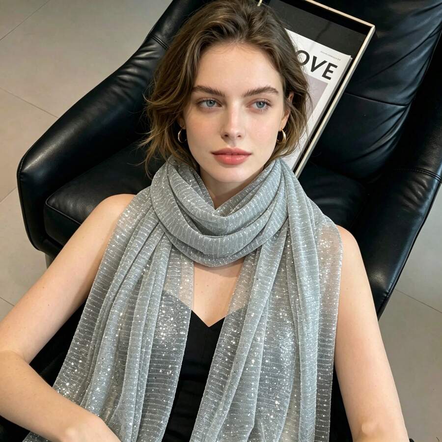 1pc Women's Lightweight Solid Color Sequin Bandana Scarf, Headscarf, Middle Eastern Hijab, Decorative Shawl, Sun Protection Beach Wrap, Suitable For Daily Use - Light Grey - View 1