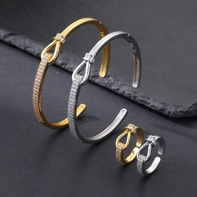 1 Set Of 2 Pieces Minimalist Sparkling Horseshoe Buckle Design Open Ring & Bracelet 2-In-1 Set, Versatile For Daily Wear, Festivals, Parties, Weddings, Graduations, Eid Celebrations, Luxury Gift For Women