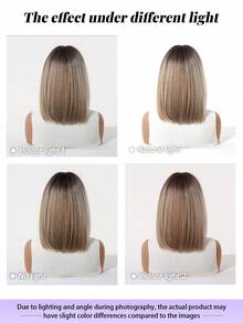 12英寸棕色渐变直发波浪假发，带蓬松刘海，女士合成耐热假发，适合日常、办公室、化妆、万圣节、圣诞节、感恩节、婚礼、派对、约会、生日、度假等场合，高品质合成纤维，自然刘海，波波头假发 - 挑染棕色 - 查看 9