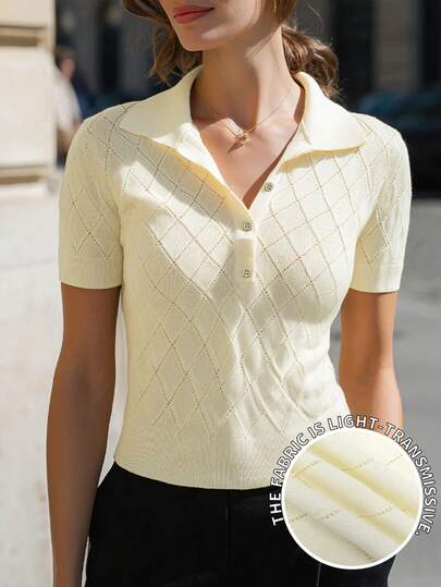 Áo len dệt kim nữ thời trang thanh lịch phong cách casual đi làm đô thị chic màu vàng mù tạt, thiết kế kim cương rỗng bán trong suốt, cổ polo nửa khóa kéo, phù hợp mặc công sở, phong cách đồng quê, áo len nữ trang trọng, đồ thể thao nữ, áo top casual nữ, áo len dự tiệc thanh lịch