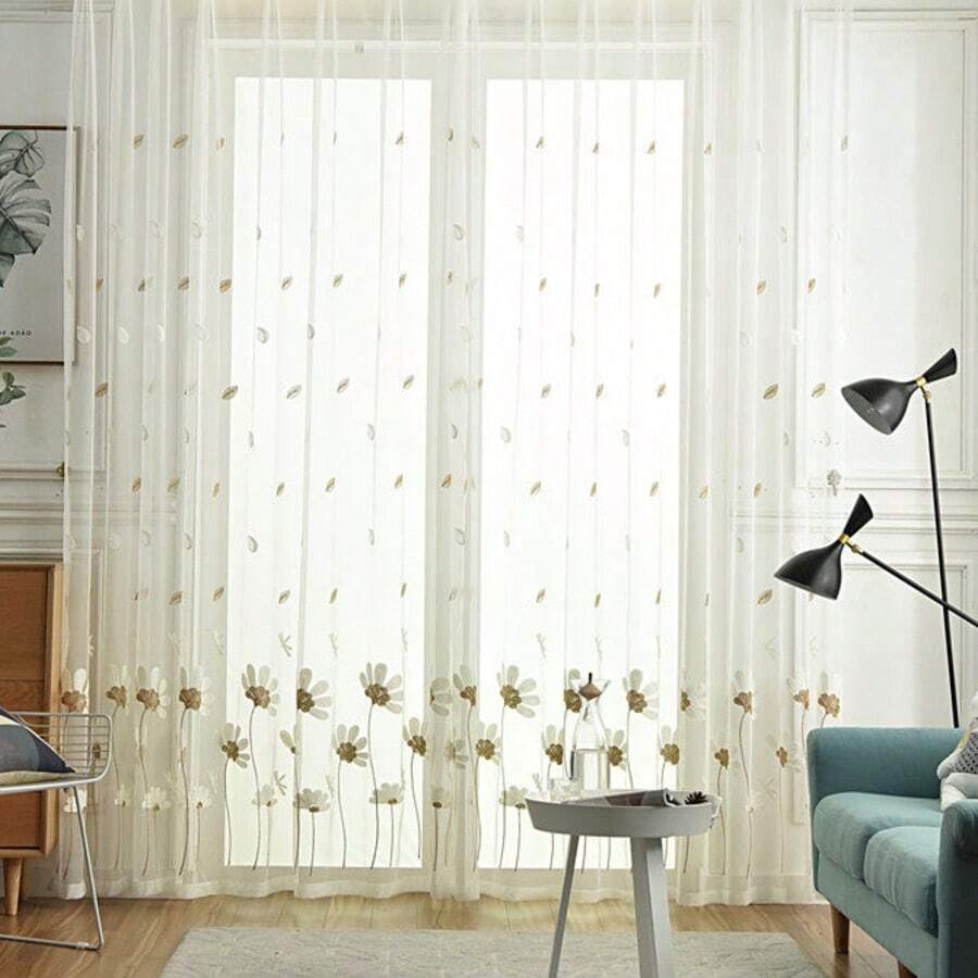 1 pieza Cortina transparente de lujo con ojales, diseño bordado de margaritas beige para sala de estar, dormitorio, balcón, permite la penetración de la luz - Multicolor - Ver 1