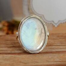 Women's Fashion Engagement Ring Vintage Retro Imitation Moonstone Ring Simple Elegant Oval Rings - A104 古銀色 - 查看 6