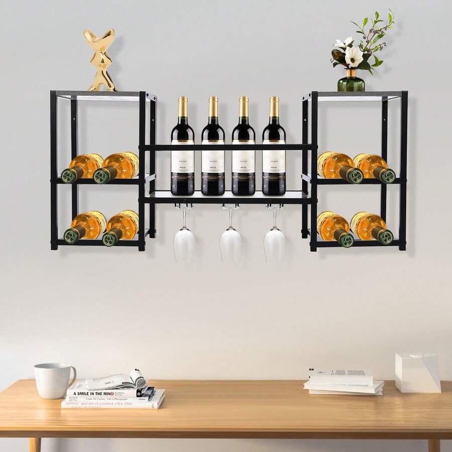 Wall-Mounted 3-Tier Wine Rack With Glass Holder, 20 Kg Load Capacity, Modern Wine Rack For Storage And Presentation In Kitchens, Bars, Wine Cellars And Restaurants, White, 87.88 X 39.88 X 24.89 Cm - Black - View 1