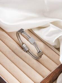 1条黑色镀金不锈钢手链，钢丝绳手链，带方形吊坠，低过敏性可调节腕带 - 彩色 - 查看 12