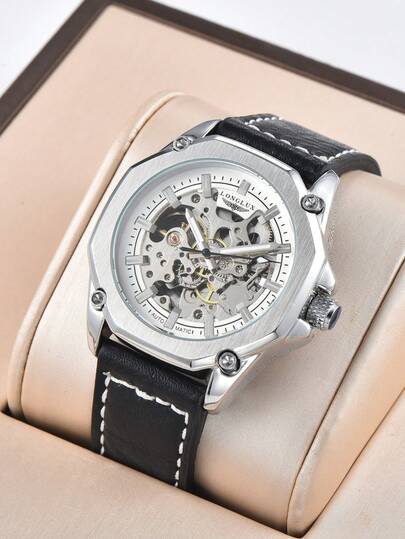 LONGLUX 1件男士镂空自动机械防水皮表带手表，休闲款