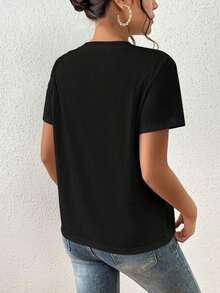 Camiseta Casual para mujer con corte holgado, estampado floral, cuello redondo y manga corta. Adecuada para el verano.-Camiseta unisex de algodón holgada de manga corta y cuello redondo estilo vintage urbano. - Negro - Ver 2