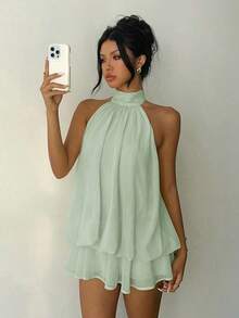Vestido mini elegante de mujer con cuello halter y lazo en color amarillo claro - Verde 2 - Ver 4