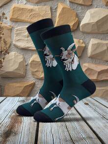 GNIM HL 1双男士复古山羊印花中筒棉袜，新奇动物图案，中筒袜，男士可爱趣味滑板袜 - 綠色 - 查看 6