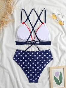 Bộ đồ bơi nữ 2 món kiểu dáng yêu nước, áo bikini tam giác in hình ngôi sao đỏ và xanh dương cùng quần bơi cạp cao, đồ bơi mùa hè đi biển. - Nhiều màu - Xem 6