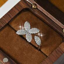 1pc Elegant Full Sparkling Cubic Zirconia Four-Leaf Clover /Flower Design Adjustable Opening Ring For Women,18K Gold Plated/Platinum Plated Statement Women's Ring.Suitable For Daily Wear, Dating, Parties, And Other Occasions, Or As A Gift For Holidays. - Four Leaf Clover - View 3