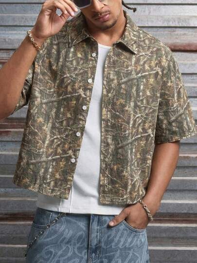 FRACTYR 男士夏季休闲宽松短袖梭织衬衫，迷彩数码印花，时尚户外街头服饰，百搭