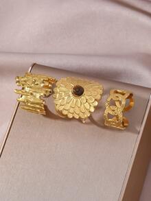 3pcs Stainless Steel Oval Geometric Ring Set, Suitable For Women's Daily Wear, Party, Holiday Gifts - Gold - View 3