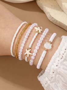 NAIZHU 6pcs Fashion Girl Ocean Style Shell & Starfish Faux Pearl Beaded Bracelet Set - Multicolor - View 2