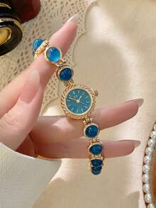 1pc Women's Gold Alloy Asymmetrical Bracelet Watch, Fashion Arabic Numeral Dial, Quartz Movement, Adjustable Strap, Suitable For Daily Decoration And Holiday Gifts - Màu xanh lam - Xem 2