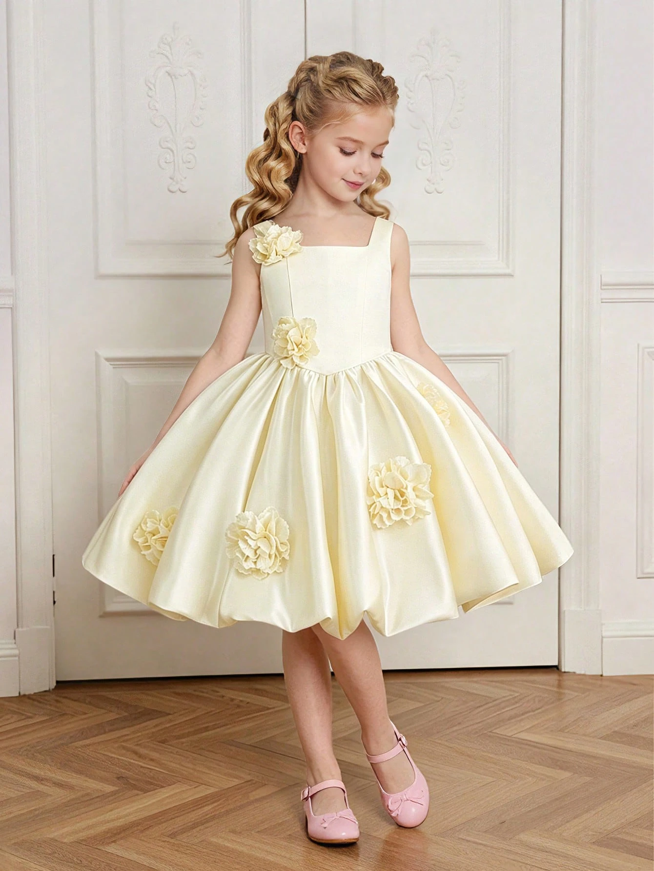 Young Girls Solid Color Square Neck 3D Floral Satin Elegant Tulle Princess