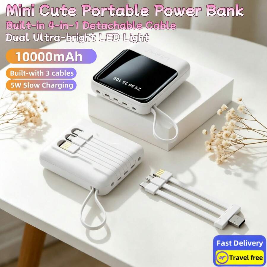 10000mAh Mini Cute Pocket Size 5W Slow Charging Portable Power Bank, Small Size Large Capacity High Appearance, Built-In 4-In1- Detachable Cables, High-Speed Rechargeable Battery, USB-C & Micro Input - trắng - Xem 1