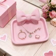 1个可爱荷叶边蝴蝶结首饰托盘，家居装饰、书桌、办公室、主题派对、化妆品展示、戒指项链收纳、钥匙及小物件整理器，送给女朋友的礼物，柔软缎面蝴蝶结陶瓷首饰碟，ins风 - 彩色 - 查看 6