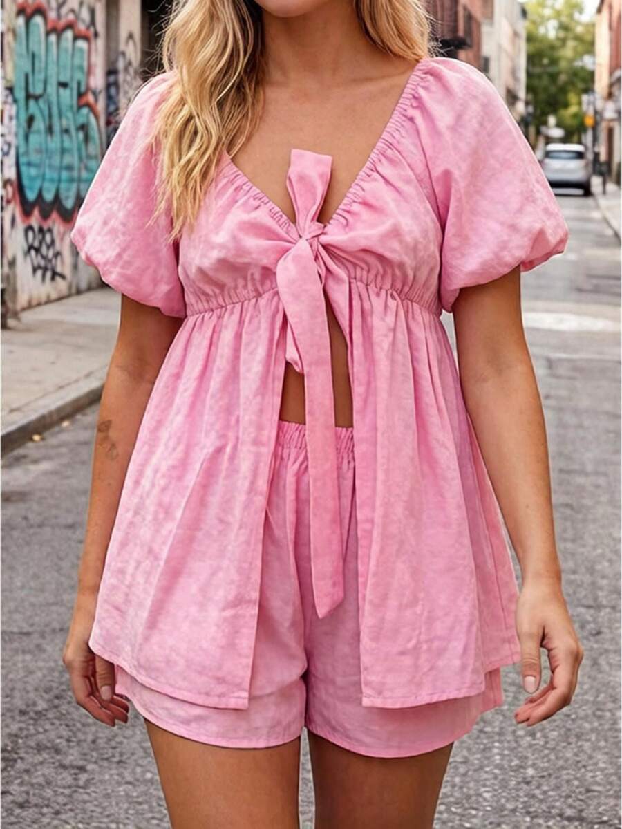 Women's 2 Piece Tie Front Puff Sleeve Cutout Loungewear Set Flowy Crop Top And Shorts Summer Beach Outfit - Hồng - Xem 1