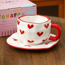 12oz Handmade Asymmetrical Arch Ceramic Cup & Saucer Set, Retro Thick Coffee Mug, High-Quality Afternoon Tea, Latte, Breakfast Milk, Yogurt, Oatmeal Cup, Suitable For Home, Cafe, Restaurant, Great Gift - Multicolor - View 14