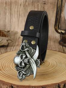 1PC Men's Vintage Western PU Leather Belt, Retro Skull & Swords Buckle Belt, Gothic Style Cowboy Waist Belt For Jeans - A - View 6