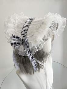 1顶女士音符洛丽塔风格帽子，哥特复古洛丽塔黑白钢琴键音乐丝带图案可爱少女多层蕾丝帽檐遮阳帽 - 彩色 - 查看 10