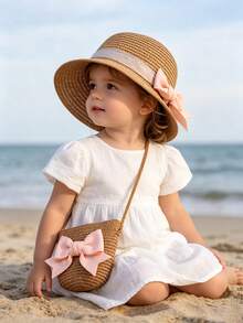 2pcs/Set Lightweight Breathable Baby Sun Hat With Bow + Crossbody Bag Set, UV Protection, Suitable For Beach Vacation And Daily Wear - 2PCS - View 2