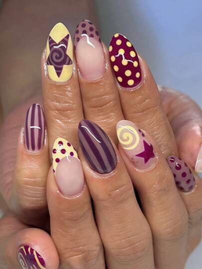 24pcs Medium-Long Almond-Shaped Cute Purple & Yellow Striped Polka Dot Star French Press-On Nails, Summer Manicure, Includes: 1pc Jelly Gel And 1pc Nail File, Suitable For Women And Girls For Daily, Party And Other Occasions