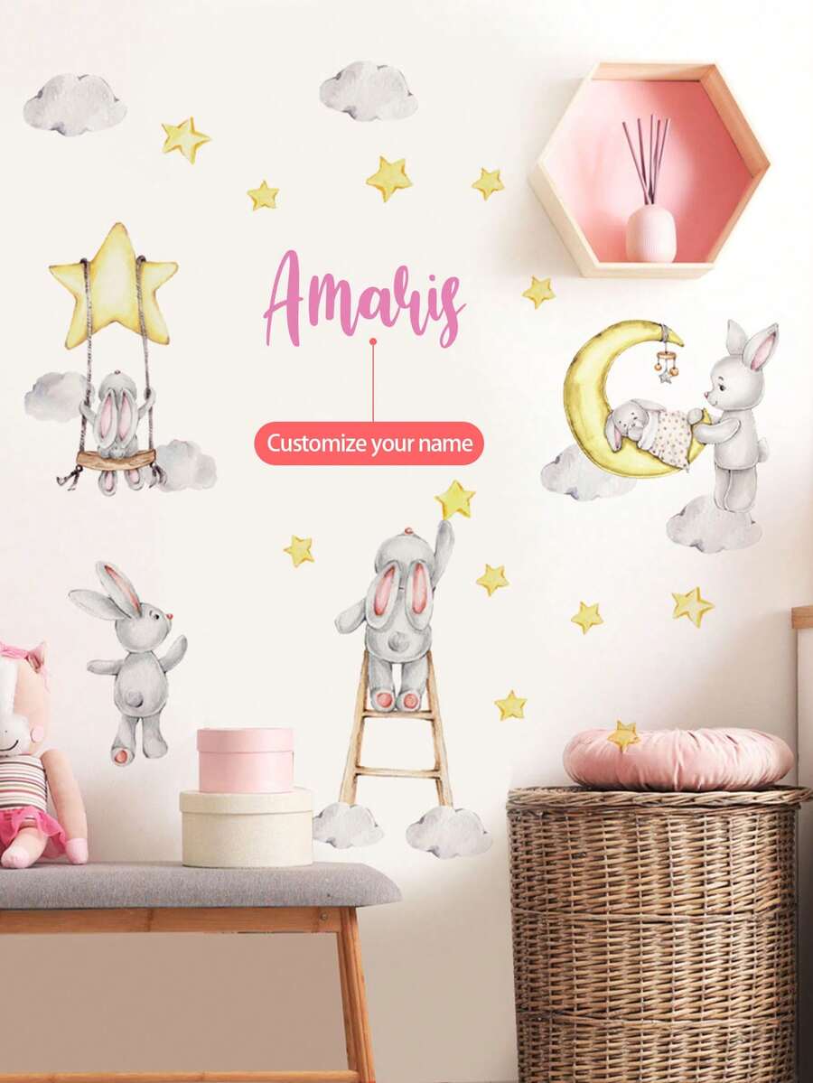 1pc Customized Name Wall Sticker - Removable Self-Adhesive Wall Decal With Cute Panda/Rabbit/Piglet Pattern, Suitable For Children's Bedroom, Nursery, Living Room Decor, Peel And Stick Wall Sticker, Nursery Decor, Customizable Name Wall Sticker - Multicolor - View 1