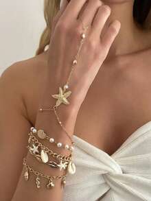 5pcs/Set Boho Beach Vacation Starfish Shell Hand Chain Bracelet Layered Cowrie Pearl Finger Ring Jewelry Set,Suitable For Summer Beach - Yellow Gold - View 2