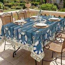 Navy Anchor Pattern Tablecloth, Coastal Blue Wood Grain Print, Perfect For Kitchen, Dinner, Party, Holiday Celebration And Outdoor Gathering - A - View 8