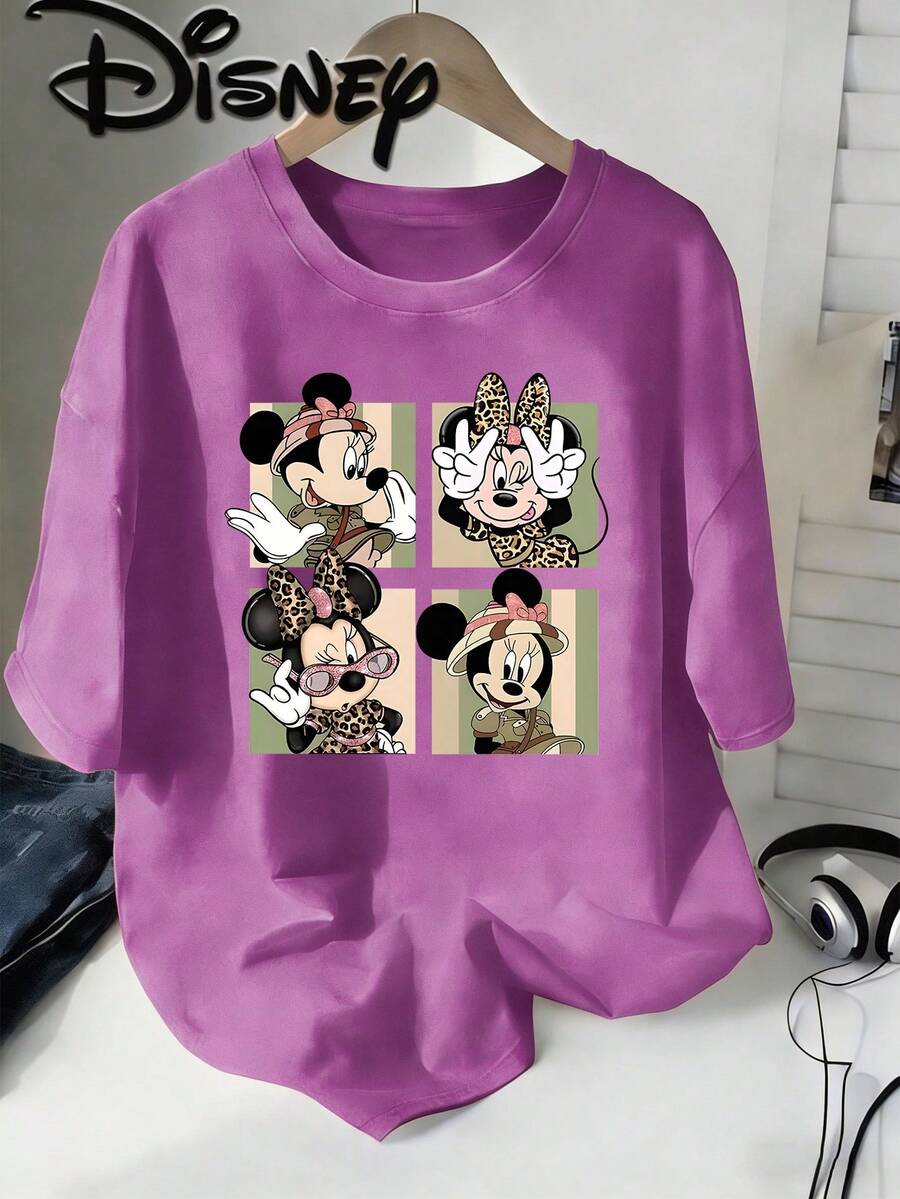 Disney Minnie Mouse Adventure Wind Leopard Print Wind Four Squares Cute Expression Creative Printing Design Sense Oversized Fashion Old T-Shirt 2026 Spring And Summer Round Neck T-Shirt Style Retro Fashion Lovers Popular Style Old Round Neck T-Shirt. - Màu tím - Xem 1
